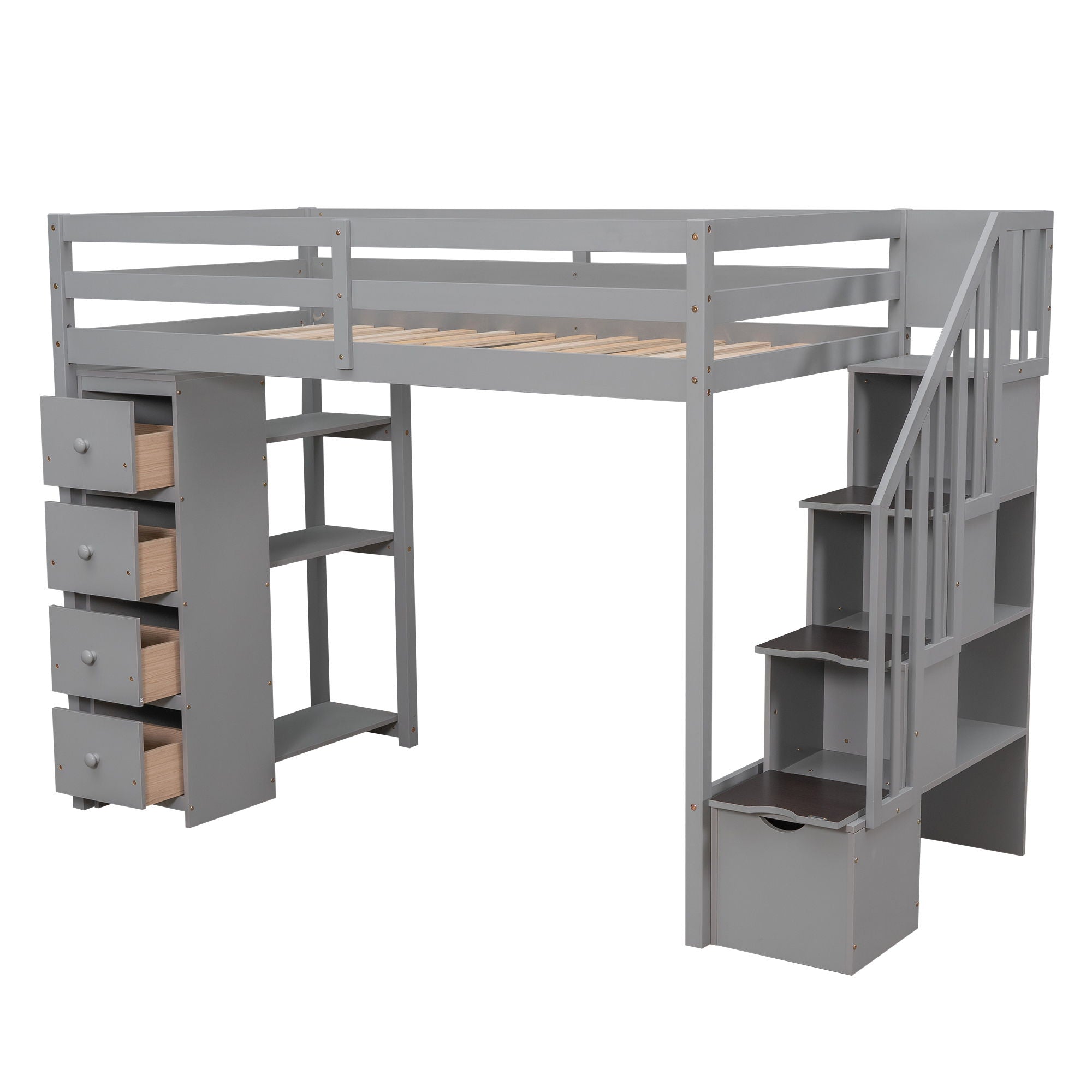 Twin Size Loft Bed With Storage Drawers And Stairs With Shelves - Gray