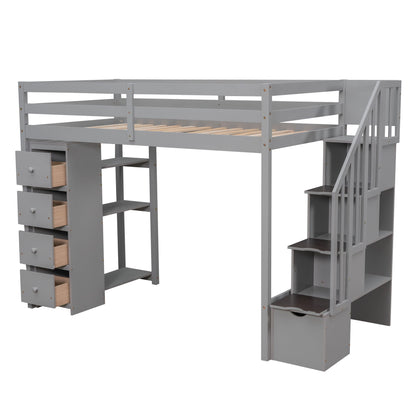 Twin Size Loft Bed With Storage Drawers And Stairs With Shelves - Gray