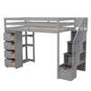 Twin Size Loft Bed With Storage Drawers And Stairs With Shelves - Gray