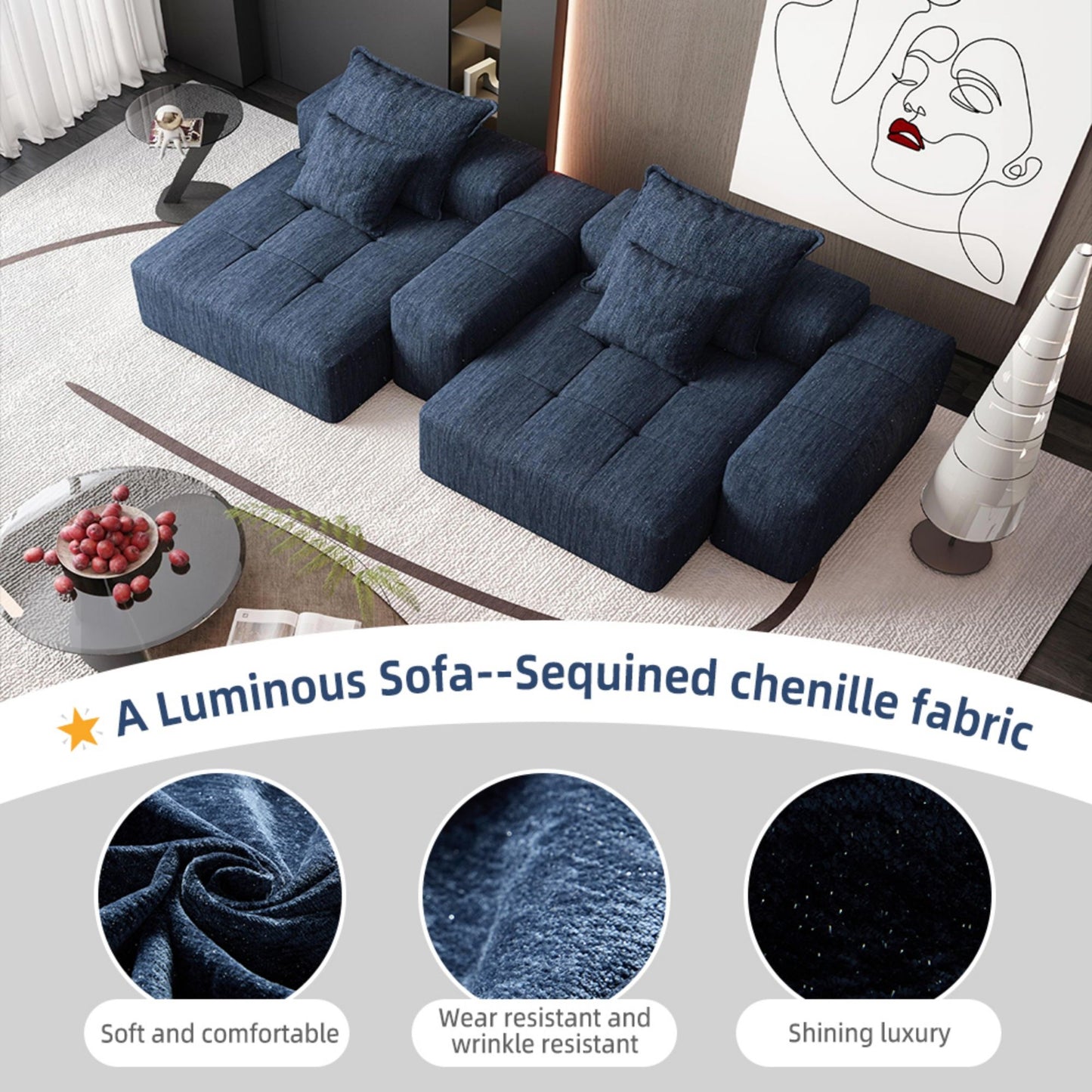 Modern Oversized Modular Sectional Sofa With 2 Chaise Lounge And 2 Armrest, Sparkling Chenille Fabric Soft Cushion Sofa With 4 Pillows, 4 Pieces Diy Combination Tufted Sofa, No Assembly Required - Blue