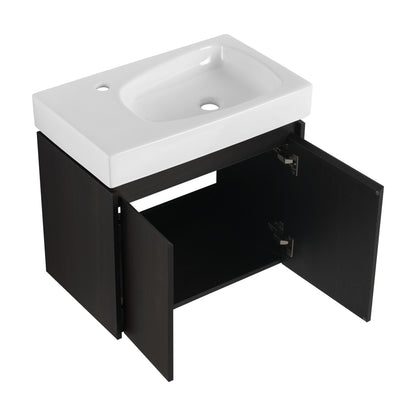 Modern 24" Bathroom Vanity With Ceramic Basin, Wall Mounted Sink Combo Cabinet - Black