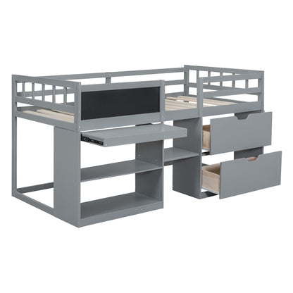 Twin Size Low Loft Bed With Rolling Desk, Shelf And Drawers - Gray