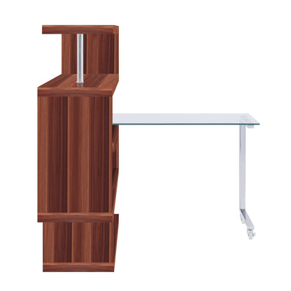Buck II - Clear Glass, Chrome High Gloss Writing Desk With Shelf - Walnut