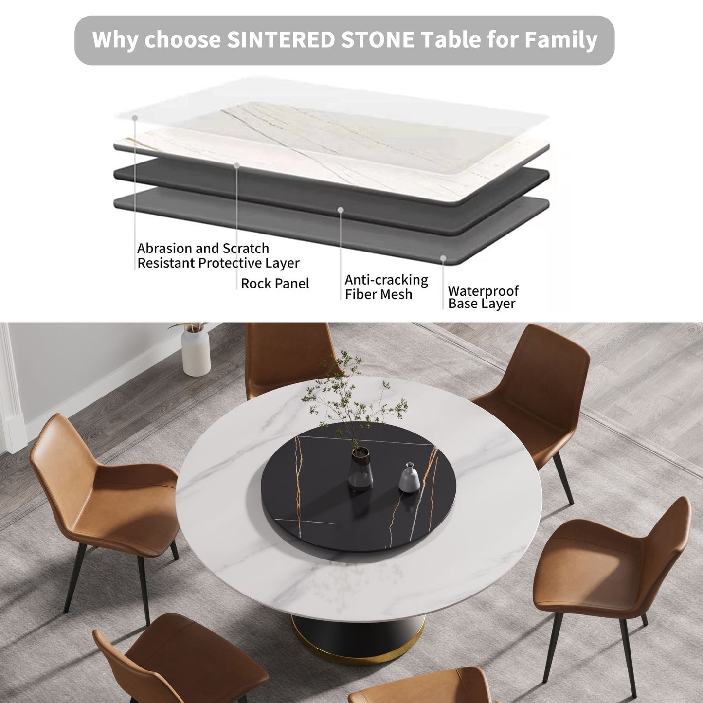 59.05" Modern Artificial Stone Round Carbon Steel Base Dining Table, Black Artificial Stone Turntable - White / Black