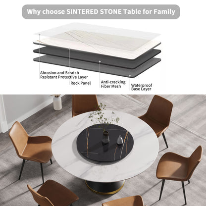 59.05" Modern Artificial Stone Round Carbon Steel Base Dining Table, Black Artificial Stone Turntable - White / Black