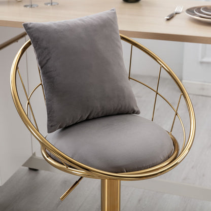 Velvet Bar Chair, Pure Gold Plated, Unique Design, 360 Degree Rotation, Adjustable Height, Suitable For Dining Room And Bar, (Set of 2) - Gray