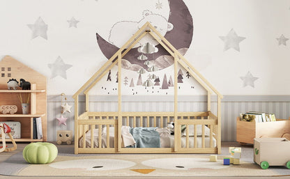 Full Wood House-Shaped Floor Bed With Fence, Guardrails - Natural