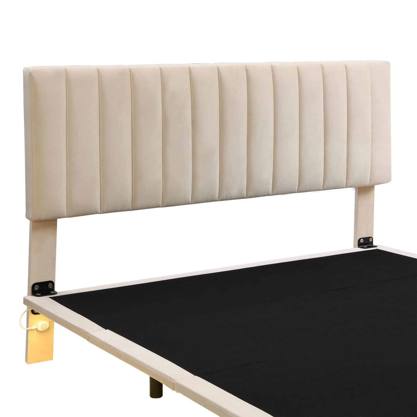 Queen Size Upholstered Bed With Sensor Light And Headboard, Floating Platform Bed - Beige