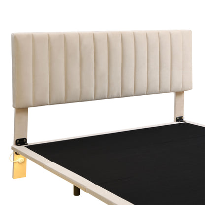 Queen Size Upholstered Bed With Sensor Light And Headboard, Floating Platform Bed - Beige