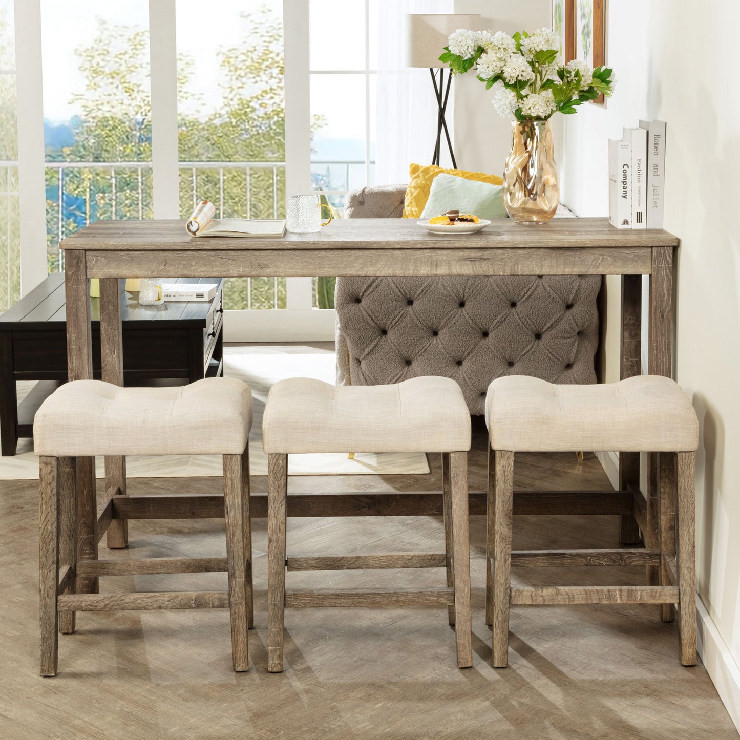 4 Piece Bar Table Set With Power Outlet, Dining Bar Table And Chairs Set, Bar Table Set With 3 Padded Stools For Living Room, Dining Room - Brown