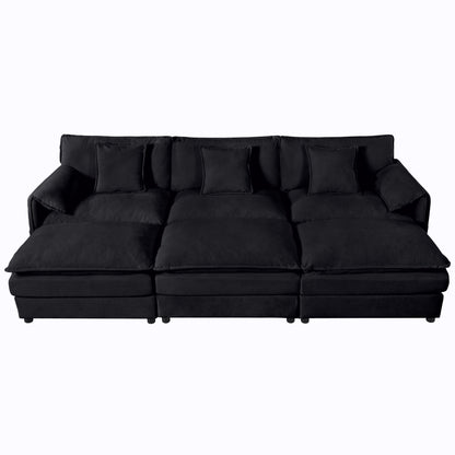 Oversized Deep Seat Sectional Cloud Sofa Sleeper With 3 Ottomans & Soft Pillows, Modular Couch Bed - Black