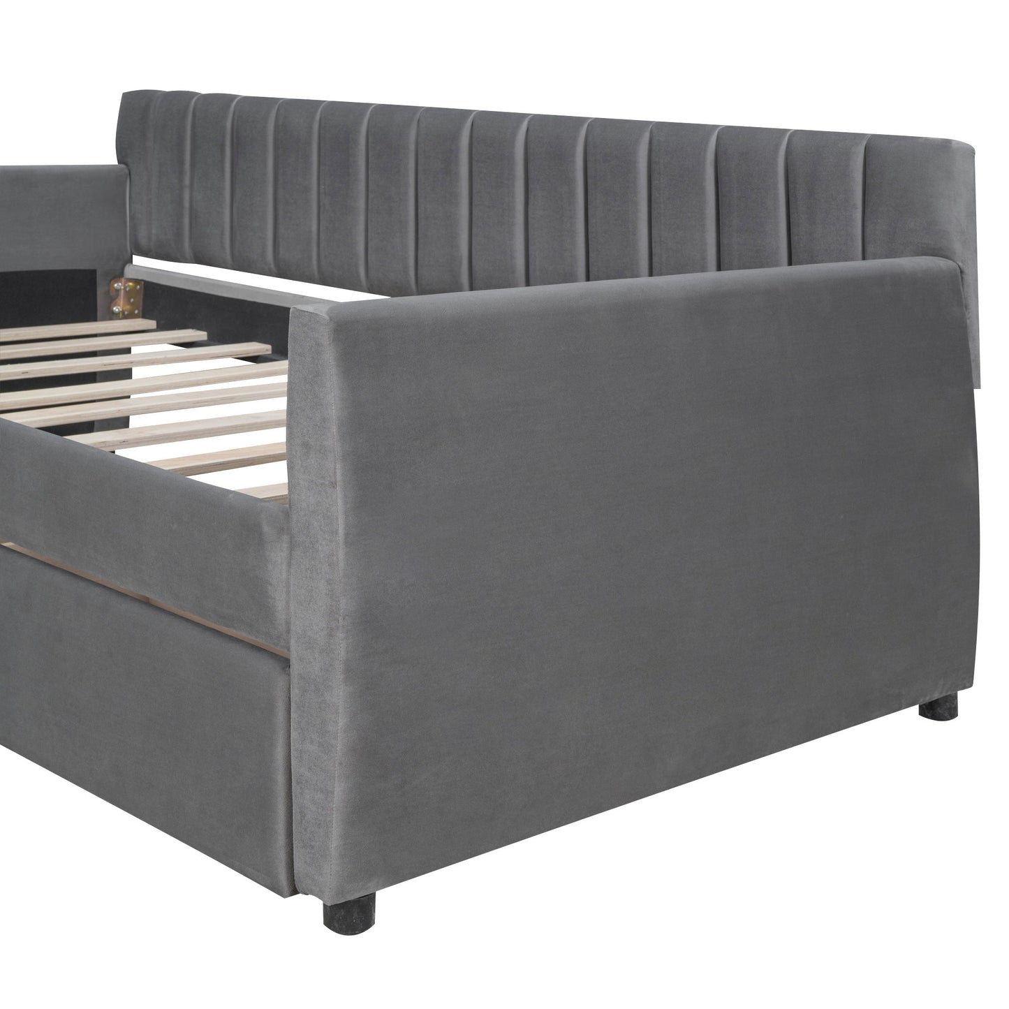 Twin Size Upholstered Daybed & Drawers, Slat Support - Gray