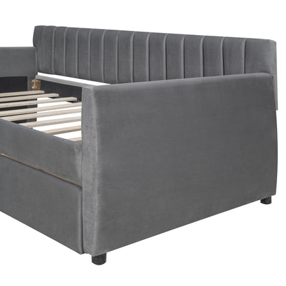 Twin Size Upholstered Daybed & Drawers, Slat Support - Gray