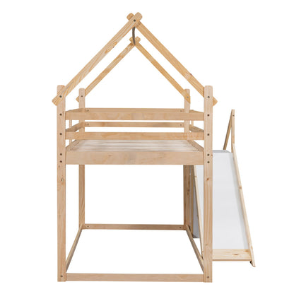 Twin Over Twin House Loft Or Bunk Bed With Slide And Staircase - Natural