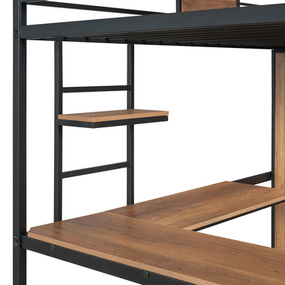 Twin Size Loft Bed With L Shape Desk And Wardrobe - Black
