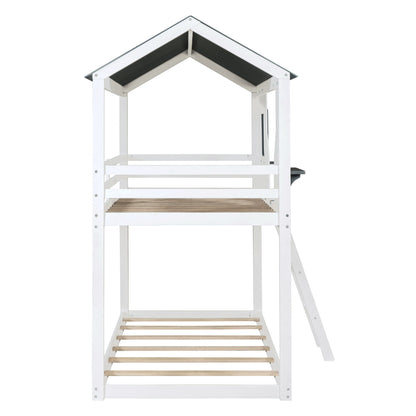 Twin Over Twin Bunk Bed Bed With Roof, Window, Guardrail, Ladder - White