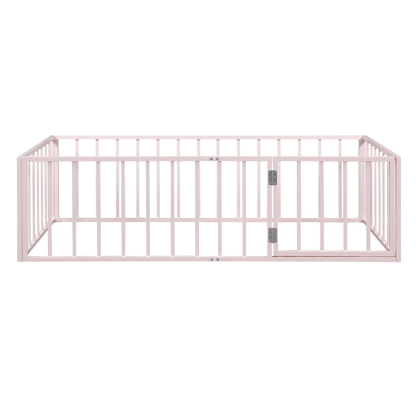 Twin Size Floor Bed Frame With Fence And Door - Pink