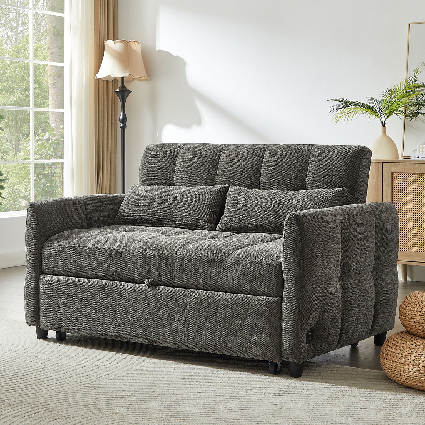 Loveseat Sofa Pull Out Sofa Bed Tufted Sleeper Sofa With An Adjustable Backrest, 3 USB Ports And 2 Lumbar Pillows For Living Room - Gray