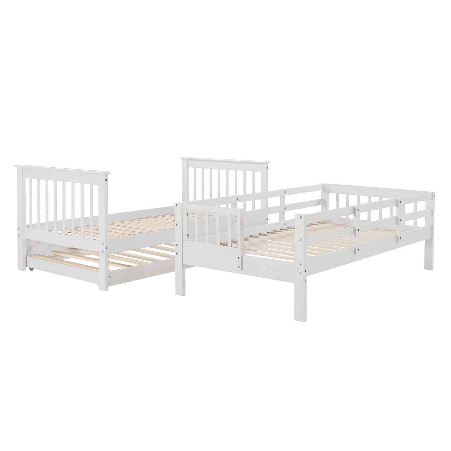 Twin Over Twin Stairway Bunk Bed With Twin Size Trundle For Bedroom - White