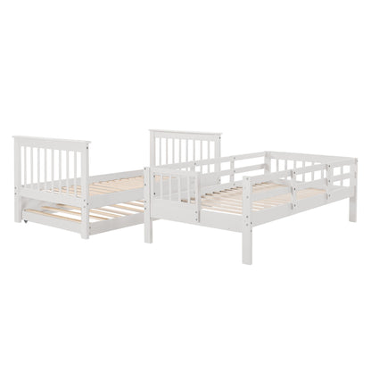 Twin Over Twin Stairway Bunk Bed With Twin Size Trundle For Bedroom - White