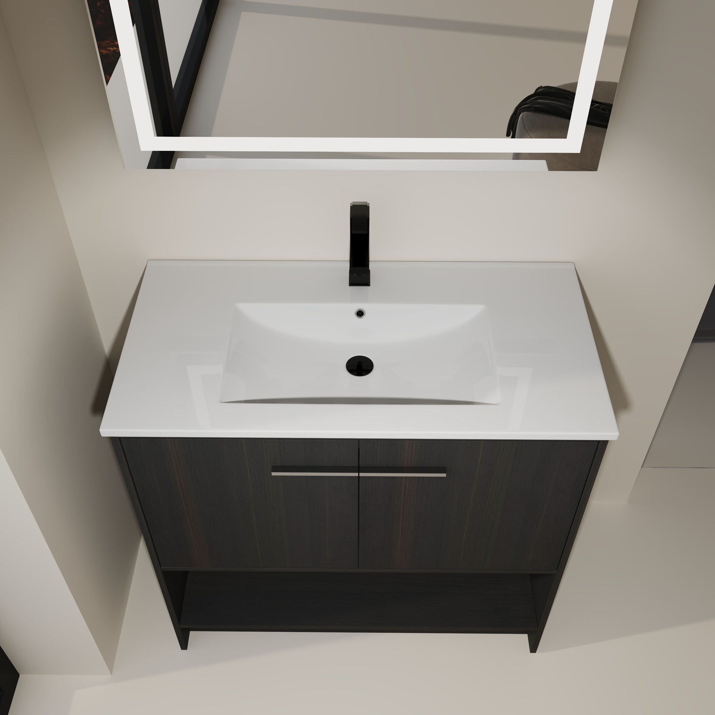 Modern 36" Bathroom Vanity With Ceramic Sink And Soft Closing Doors - Dark Oak