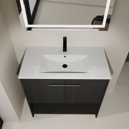 Modern 36" Bathroom Vanity With Ceramic Sink And Soft Closing Doors - Dark Oak
