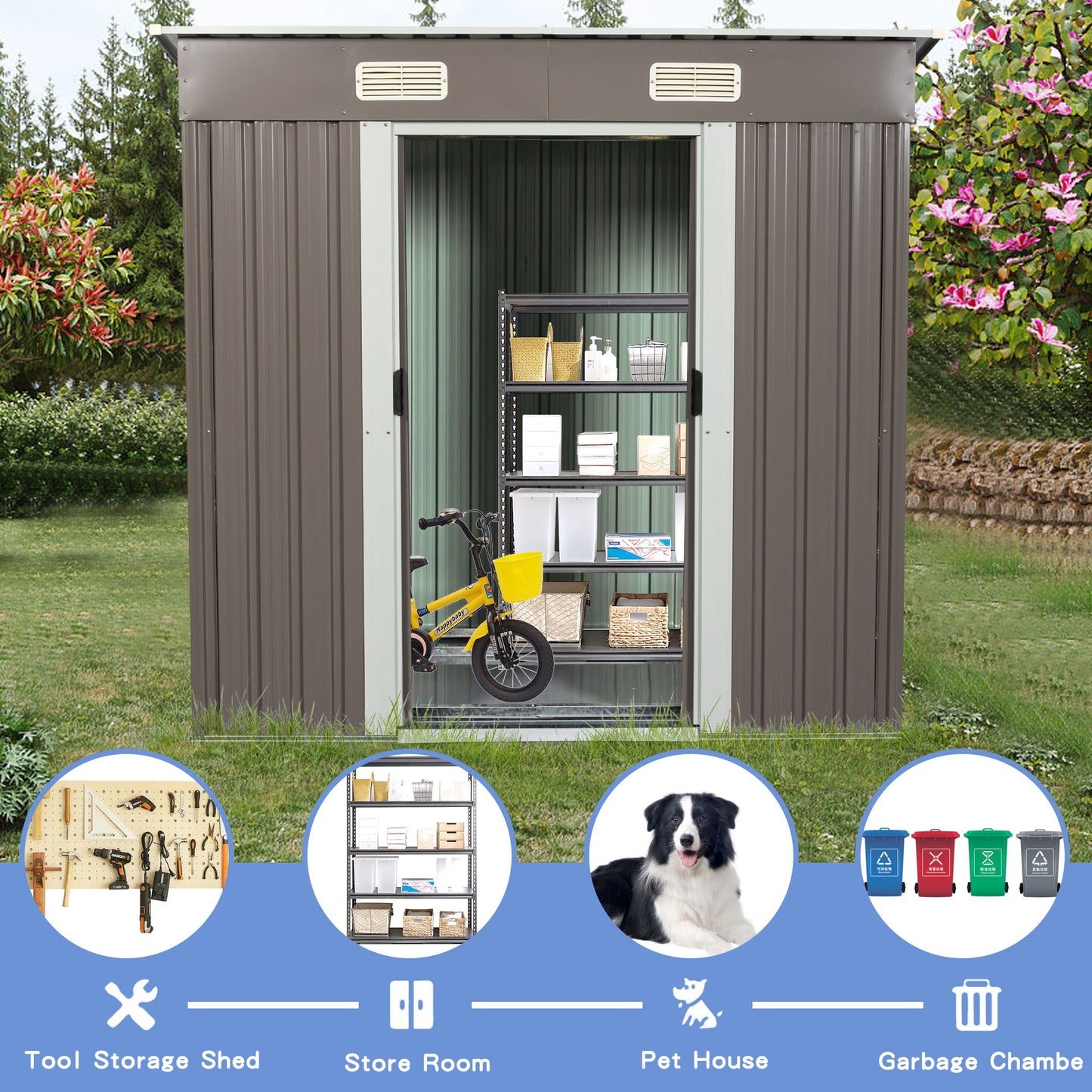 Outdoor Metal Storage Shed - Dark Gray