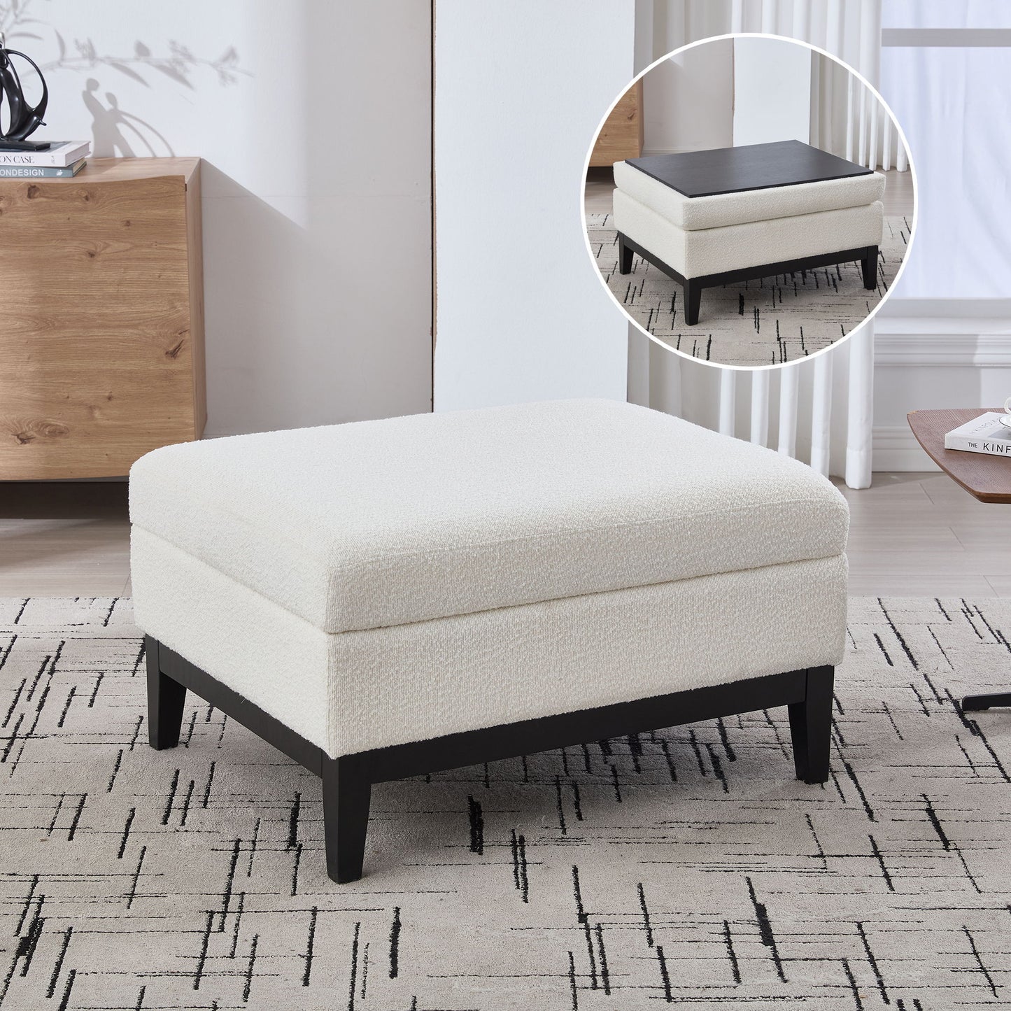 Upholstered Wood Base Storage Ottoman With Reversible Lid Coffee Table, Foot Stool Square Footrest With Rubberwood Legs For Living Room Bedroom Entryway And Office - Ivory