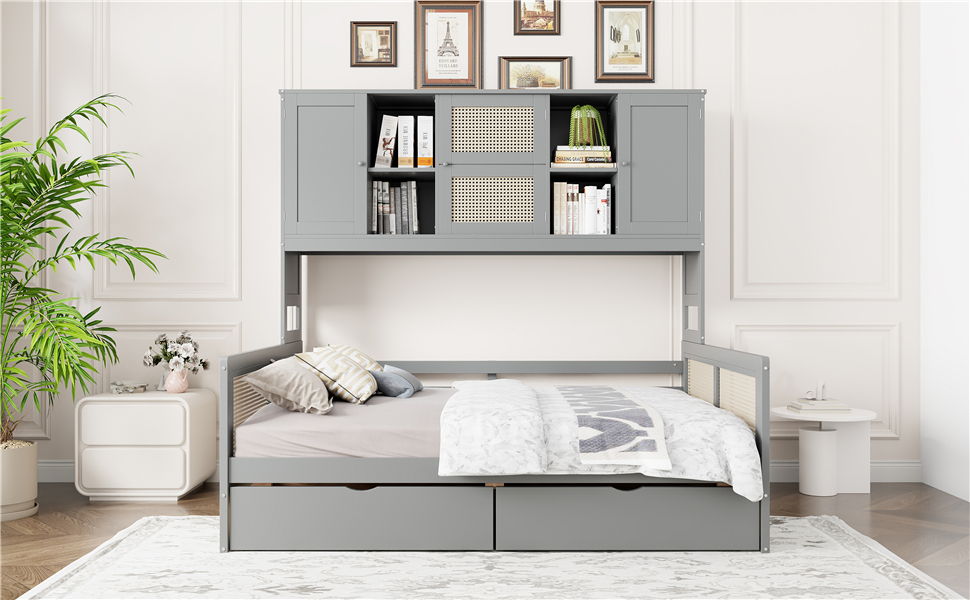 Full Size Wooden Daybed With 2 Drawers, And All In One Cabinet And Shelf - Gray
