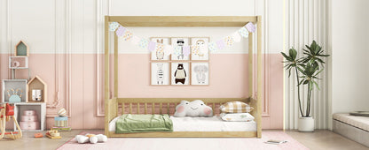 Twin Size Canopy Frame Floor Bed With Fence, Guardrails - Natural