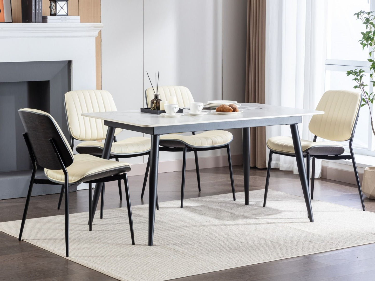 Dining Chairs Mid-Century Modern Retro Faux Leather Chair With Walnut Bentwood Back Upholstered Seat Metal Legs Adjustable Foot For Kitchen Dining Room Chairs (Set of 2) - Beige