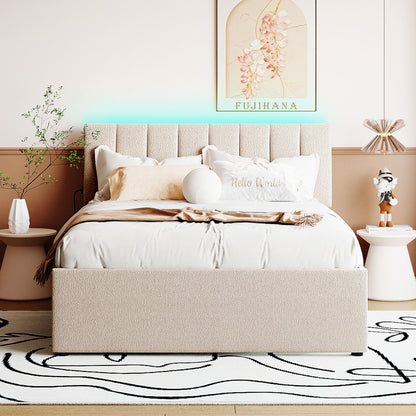 Full Size Upholstered Platform Bed With Twin Size Trundle - Beige