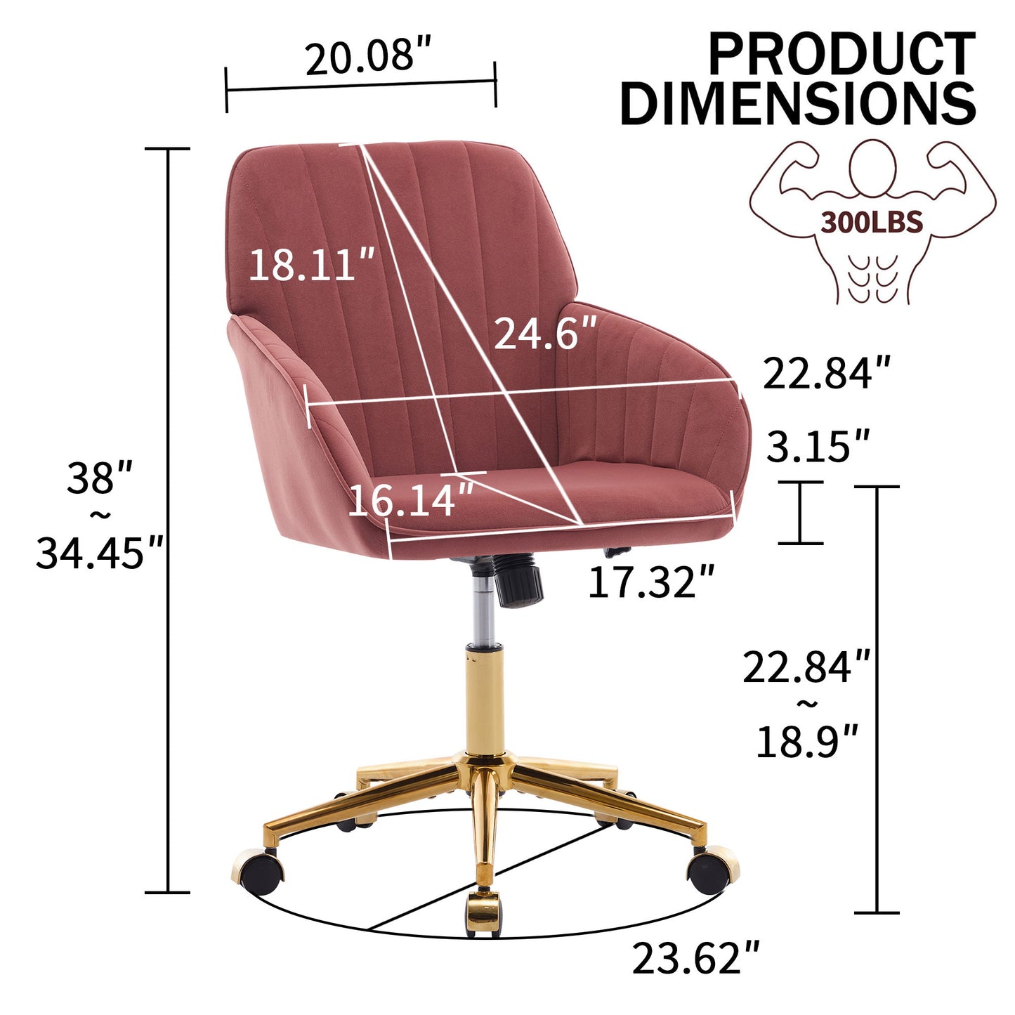 Ergonomic Swivel Office Chair, Comfortable Velvet Backrest Seat, Adjustable For Home And Bedroom - Rose Red