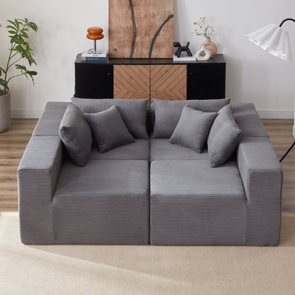Corduroy Modular L Shaped Sectional Sofa, Luxury Floor Couch Set, 4 Piece Free Combination - Gray