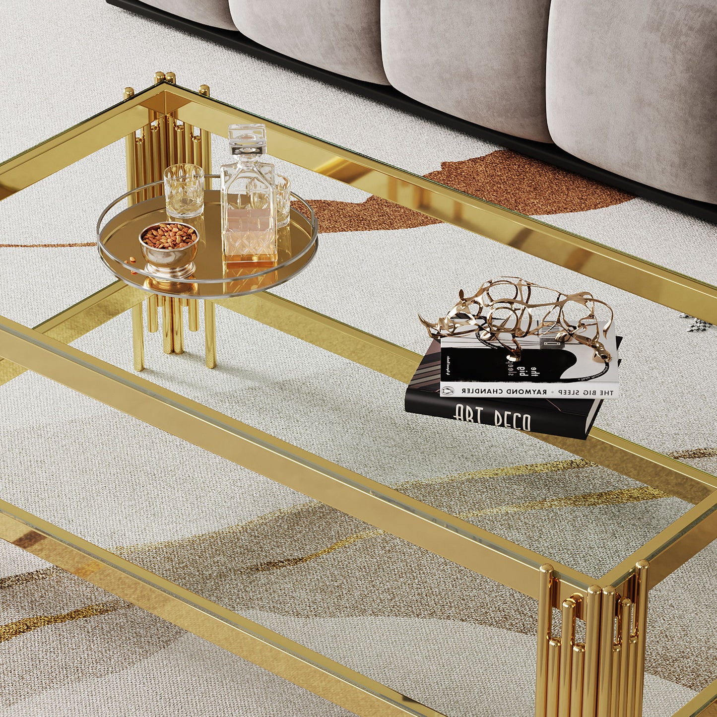 Top And Bottom Double Layer Tempered Glass Coffee Table And Mirror Finished Stainless Steel Frame - Gold