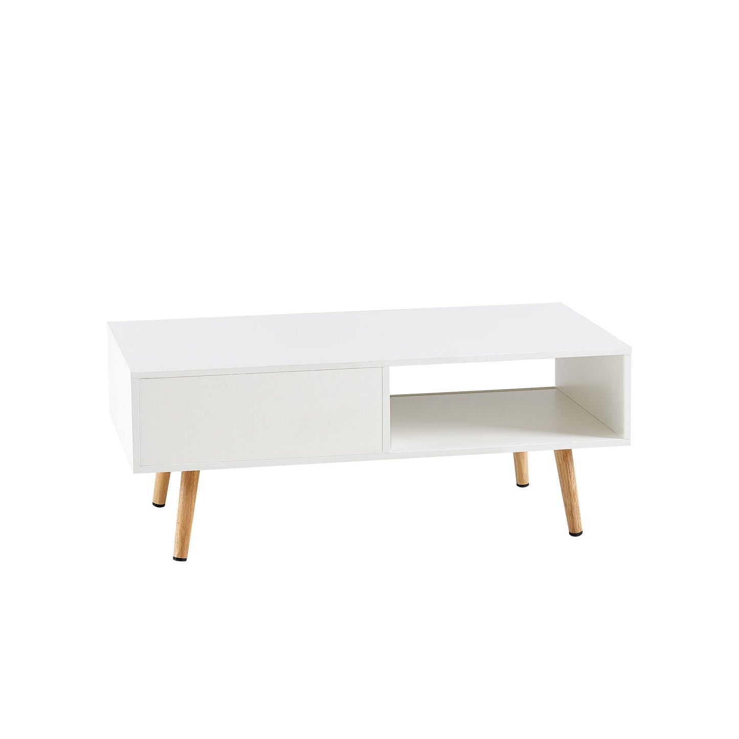 41.34" Rattan Coffee Table, Sliding Door For Storage, Solid Wood Legs, Modern Table For Living Room - White