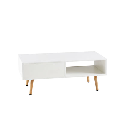 41.34" Rattan Coffee Table, Sliding Door For Storage, Solid Wood Legs, Modern Table For Living Room - White