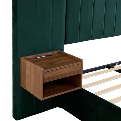 Upholstered Queen Size Bed Frame Of Velvet Tufted Headboard With Floating Nightstand LED / USB Built - Green