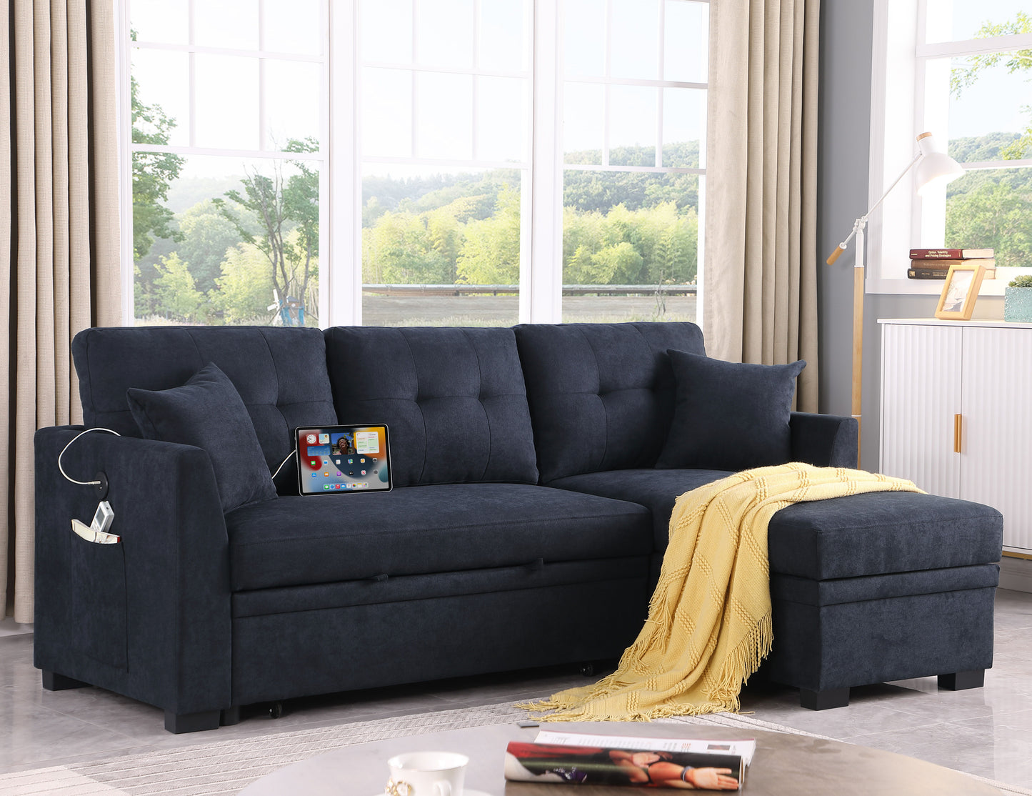 Sectional Sofa Bed L Shaped Sofa Couch Bed With USB Port, Reversible Sofa Sleeper With Pull Out Bed, Chaise With Storage, Pull Out Couch For Living Room - Black