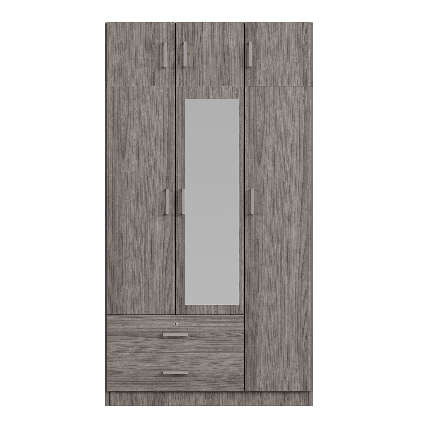 Modern 3 Door Mirror Wardrobe With 2 Drawers And Top Cabinet - Gray