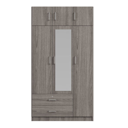 Modern 3 Door Mirror Wardrobe With 2 Drawers And Top Cabinet - Gray