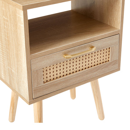 15.75" Rattan End Table With Power Outlet & USB Ports, Modern Nightstand With Drawer And Solid Wood Legs, Side Table For Living Room, Bedroom - Natural