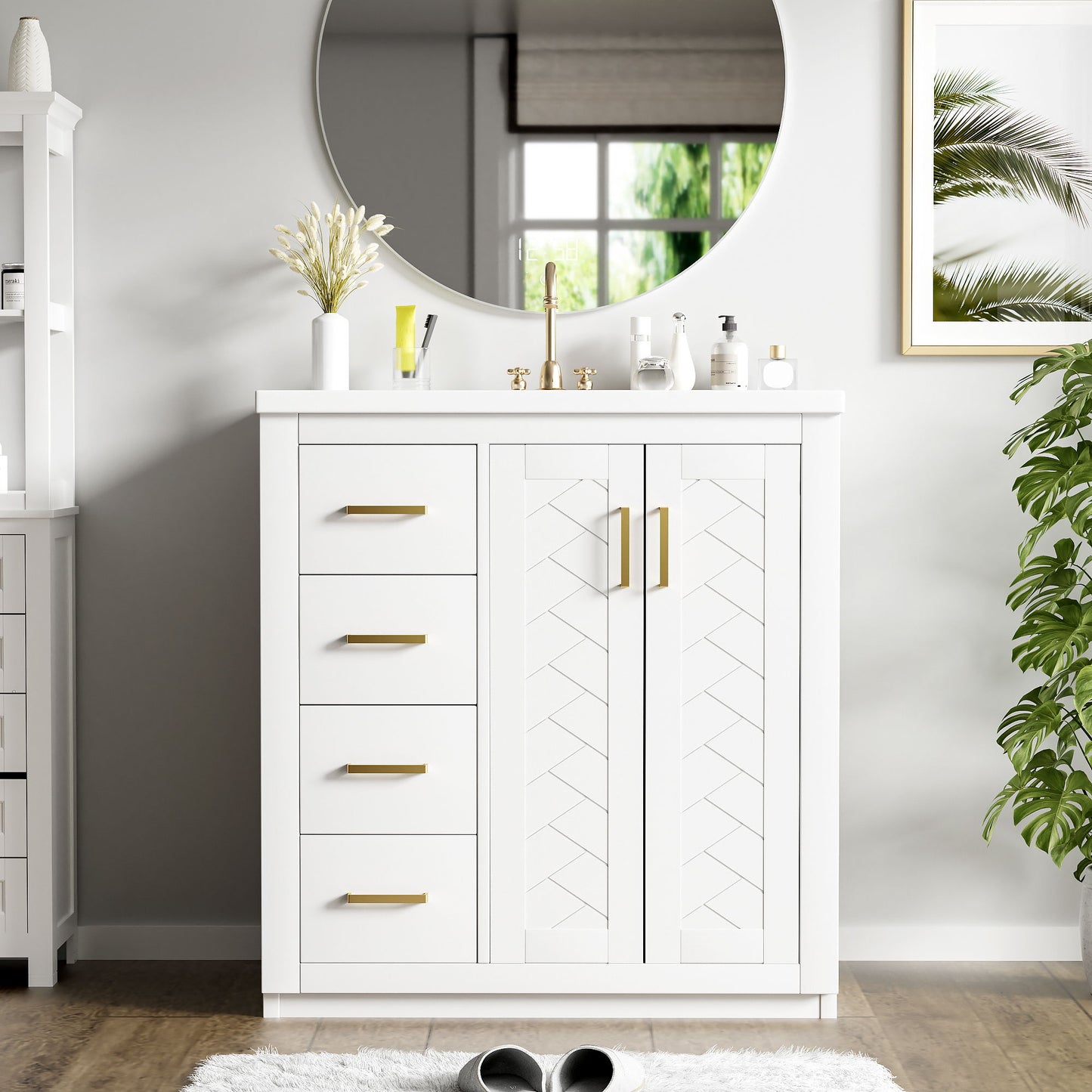 Bathroom Vanity With Ceramic Sink Combo, Frame Bathroom Storage Cabinet, Freestanding Vanity Set With 3 Drawers & Soft Closing Doors - White