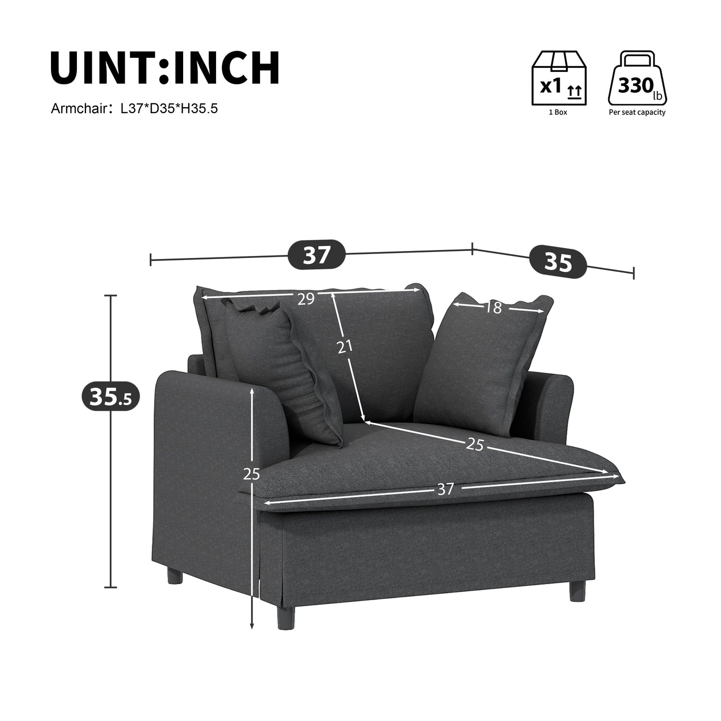 Oversized Single Seat Sofa Module For Modular Sectional Wide Seat, Armchair With Pillows Modern Upholstered Comfy Single Couch Lounge - Gray