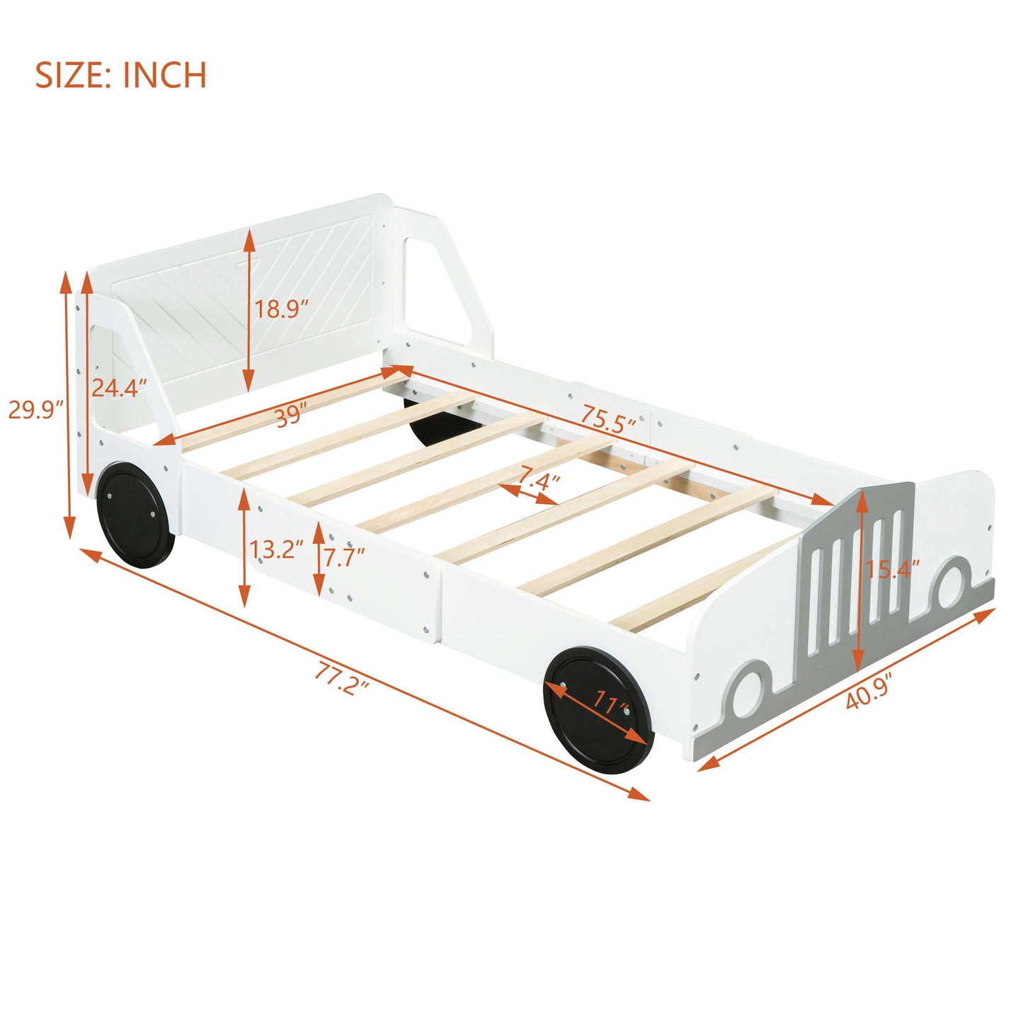 Twin Size Car Shaped Platform Bed With Wheels - White