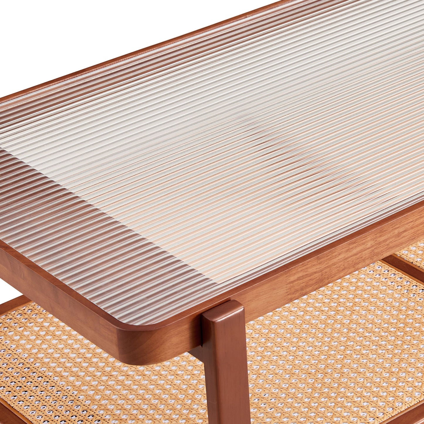 Modern Simple Rectangle Double Layer Solid Wood Glass Desktop Tea Table Rattan Woven Chinese Side Table Small Rectangle Table - Natural Wood