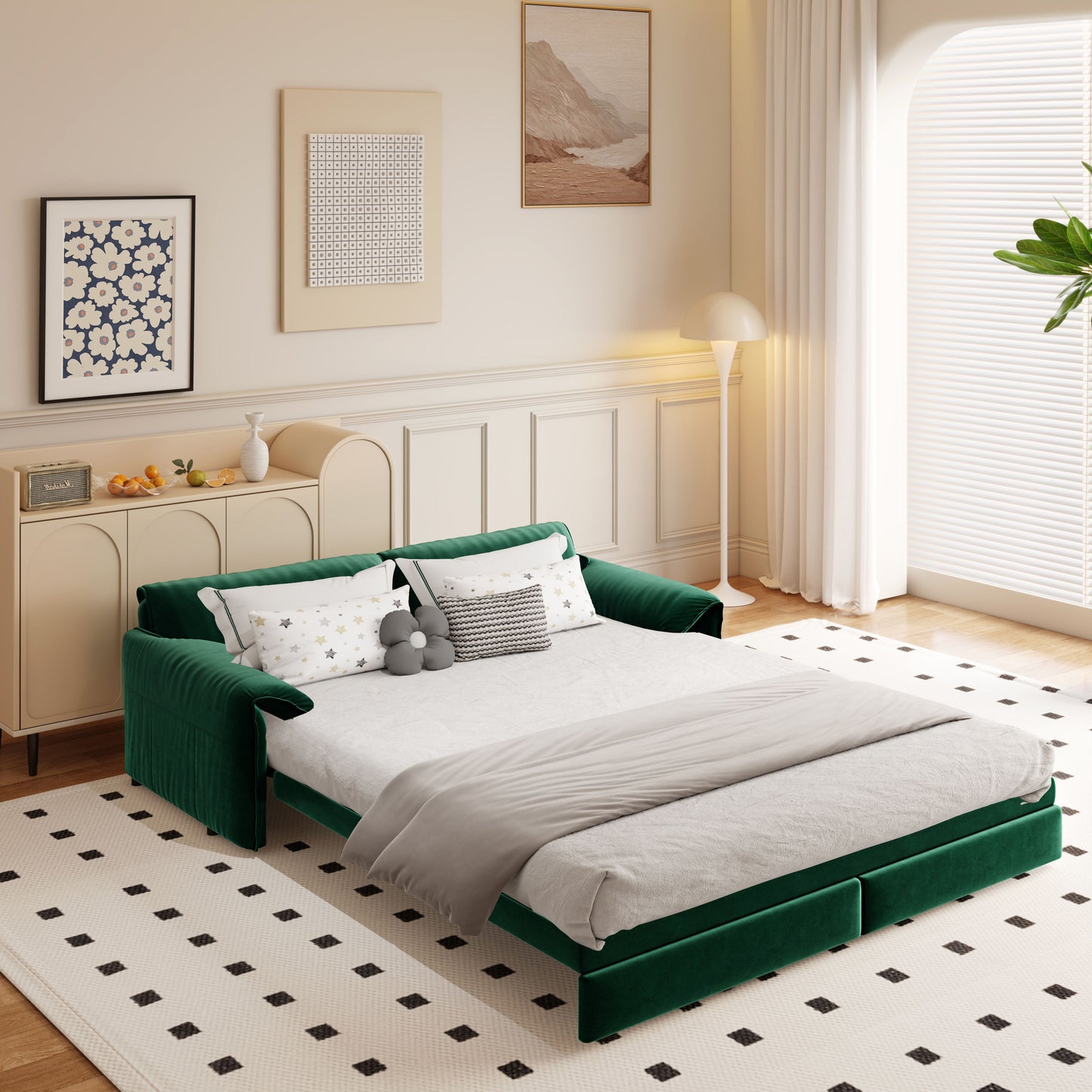 Queen Pull Out Sofa Bed, 3 In 1 Convertible Sleeper Sofa With Side Storage Multifunctional Velvet Loveseat Bed For Living Room - Green