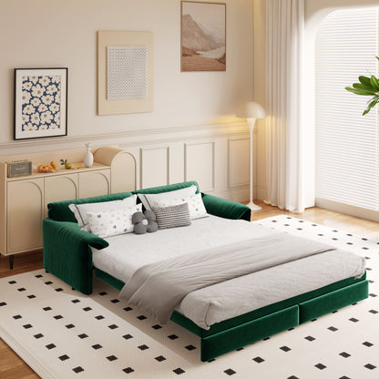 Queen Pull Out Sofa Bed, 3 In 1 Convertible Sleeper Sofa With Side Storage Multifunctional Velvet Loveseat Bed For Living Room - Green