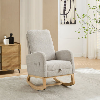 Rocking Chair For Nursery, High Back Glider Chair With Retractable Footrest, Side Pocket, Rocking Accent Armchair With Rubber Wood Legs For Living Room / Bedroom - Light Gray