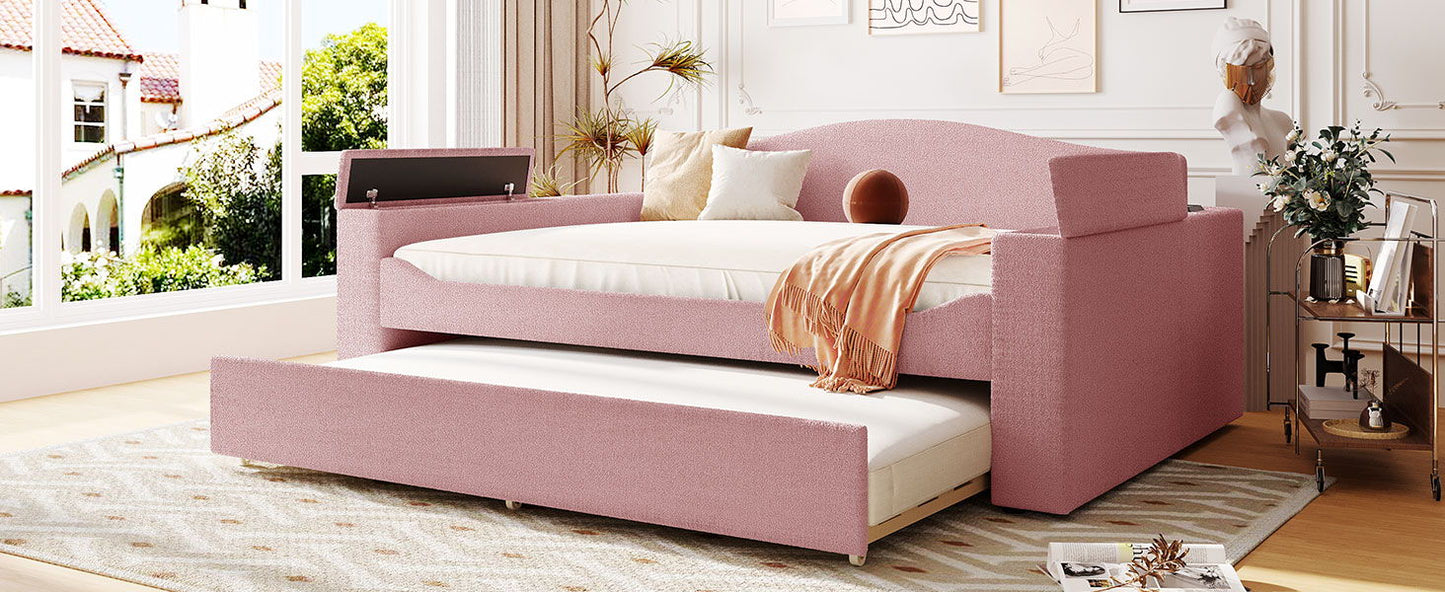 Full Size Upholstered Daybed With Storage Armrests, Trundle And Latest Integrated Bluetooth Audio System, Teddy Fleece - Pink